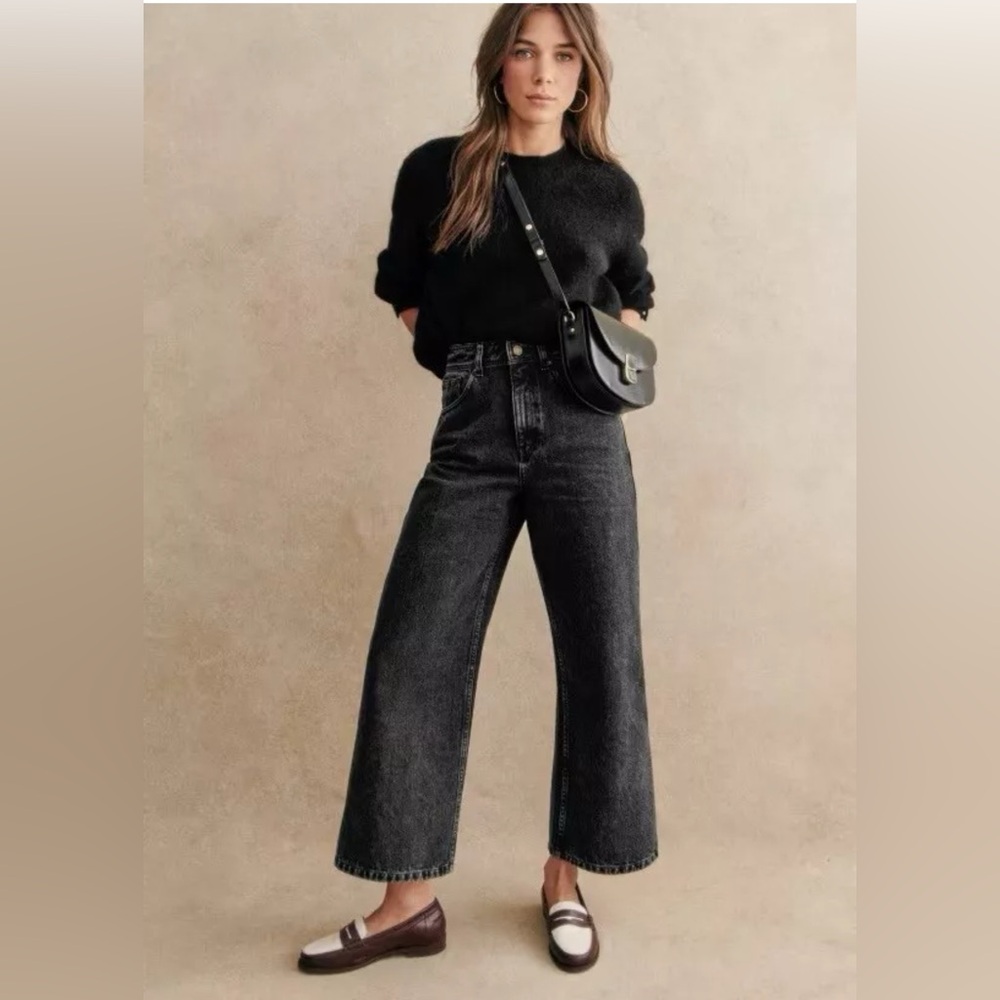 Sezane Womens Le Crop Wide-Leg Jeans Marble Denim Black Sz 32/XXS Hight Waist